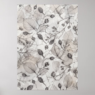 Monochrome Skeleton Leaves Marble Botanical Poster
