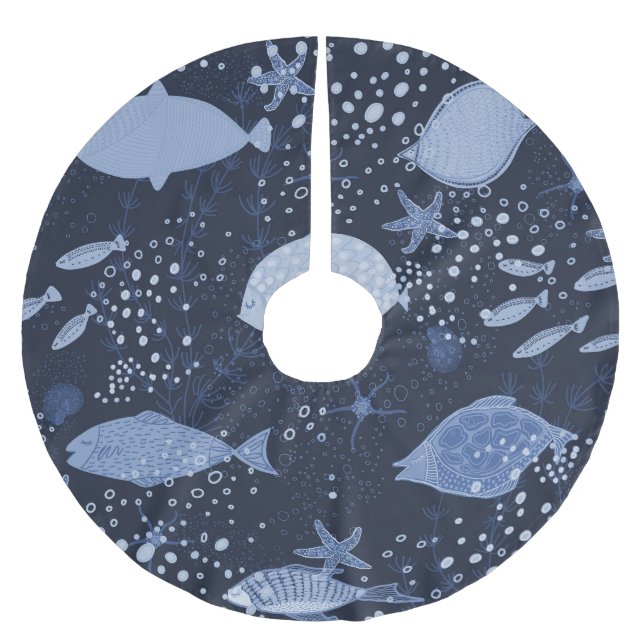 Monochrome sleeping fishes, dark pattern. brushed polyester tree skirt (Front)