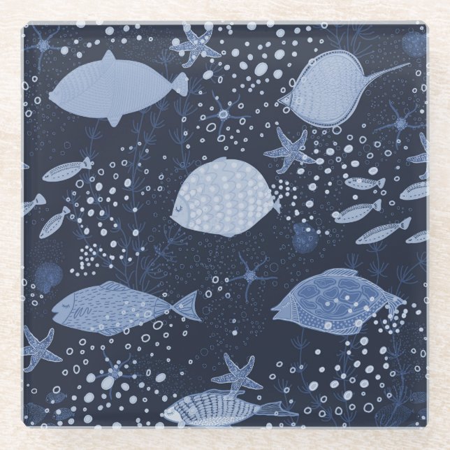 Monochrome sleeping fishes, dark pattern. glass coaster (Front)