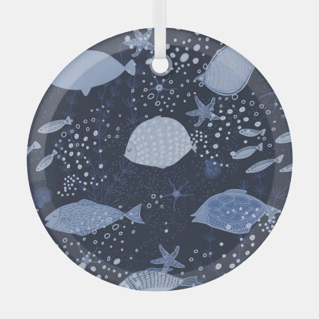 Monochrome sleeping fishes, dark pattern. glass tree decoration (Front)