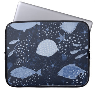 Monochrome sleeping fishes, dark pattern. laptop sleeve