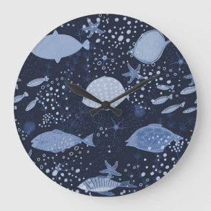 Monochrome sleeping fishes, dark pattern. large clock