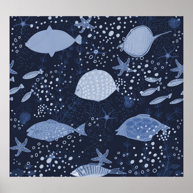 Monochrome sleeping fishes, dark pattern. poster (Front)