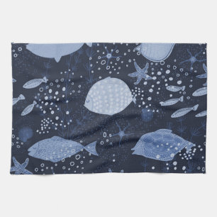 Monochrome sleeping fishes, dark pattern. tea towel