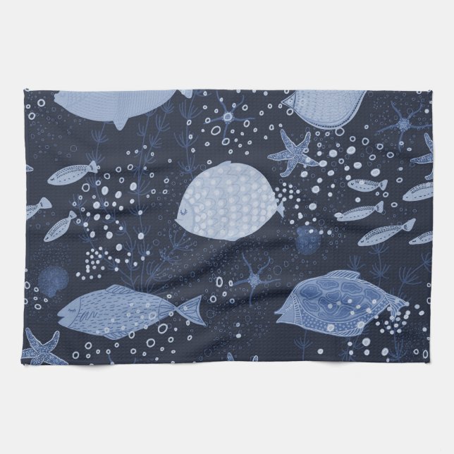 Monochrome sleeping fishes, dark pattern. tea towel (Horizontal)