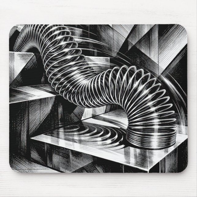 Monochrome Slinky Tumbling Down Chrome Steps Mouse Mat (Front)