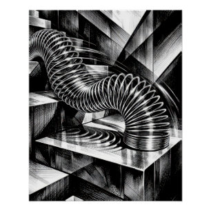 Monochrome Slinky Tumbling Down Chrome Steps Poster