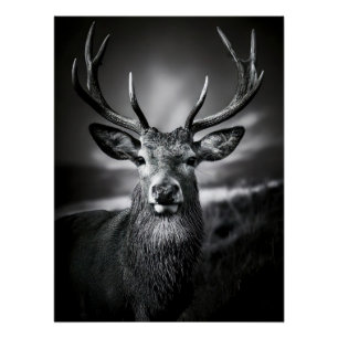 Monochrome Stag Portrait with Impressive Antlers Poster