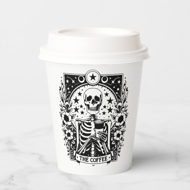 Monochrome "The Coffee" Skeleton Tarot Card | Paper Cups (Front)