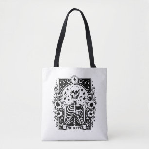 Monochrome "The Coffee" Skeleton Tarot Card   Tote Bag