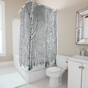 Monochrome Towering Aspen Trees in Winter Snow Shower Curtain