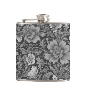 Monochrome Vintage Floral Pattern  Hip Flask