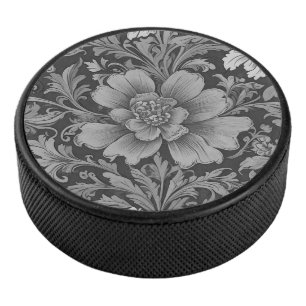 Monochrome Vintage Floral Pattern Hockey Puck