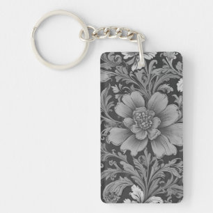 Monochrome Vintage Floral Pattern Key Ring