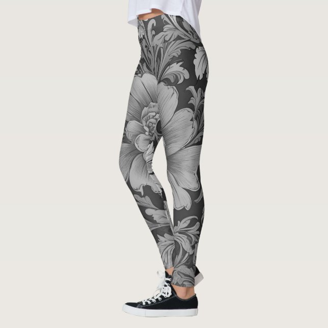 Monochrome Vintage Floral Pattern  Leggings (Left)