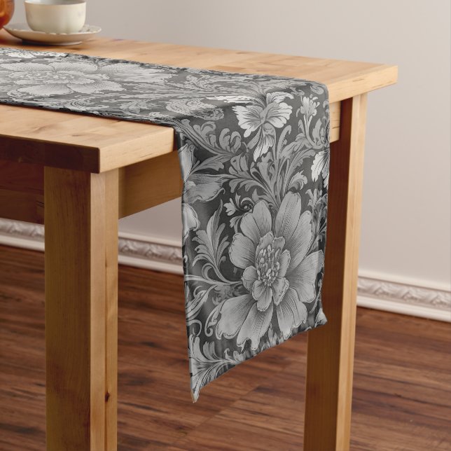 Monochrome Vintage Floral Pattern  Long Table Runner (In Situ)