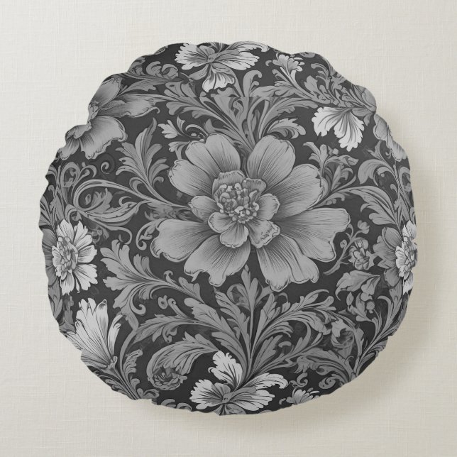 Monochrome Vintage Floral Pattern  Round Cushion (Front)