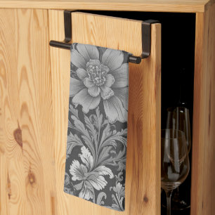 Monochrome Vintage Floral Pattern Tea Towel