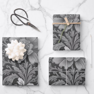 Monochrome Vintage Floral Pattern Wrapping Paper Sheet