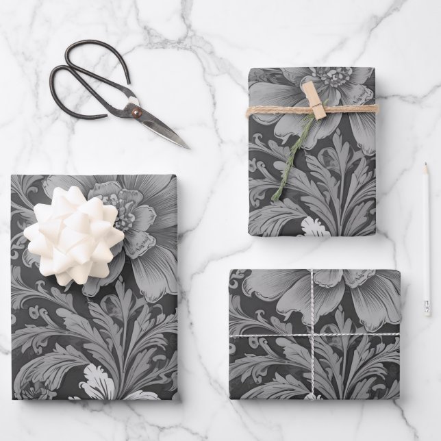 Monochrome Vintage Floral Pattern  Wrapping Paper Sheet (Front)