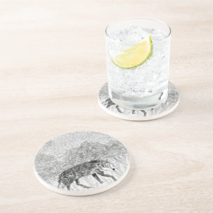 Monochrome Wild Animal Art Grey Wolf Coaster