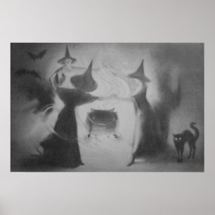 Monochrome Witch Bat Night Cauldron Black Cat Poster