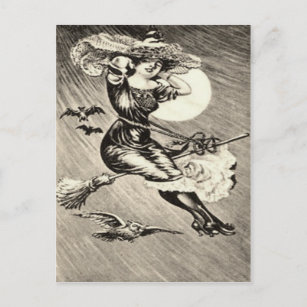 Monochrome Witch Flying Broom Owl Bat Full Moon Postcard