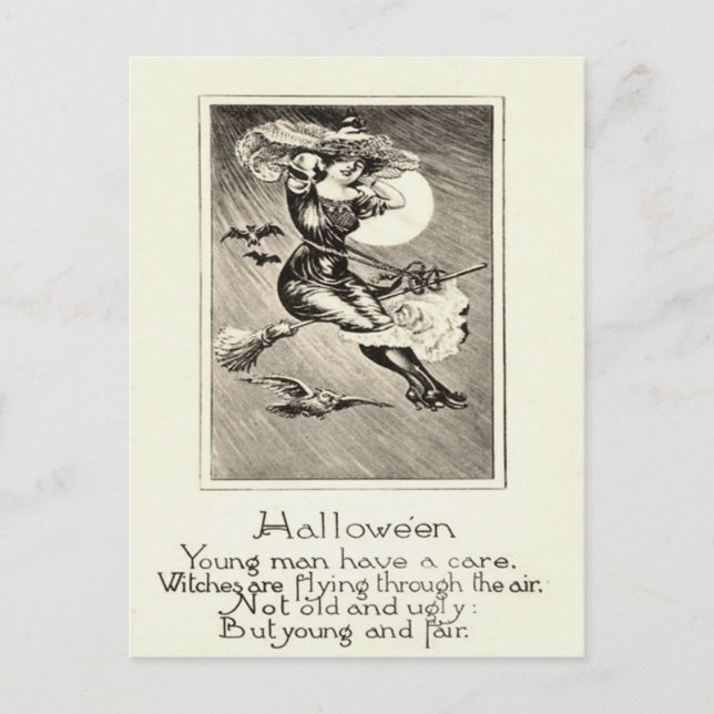 Monochrome Witch Flying Broom Owl Bat Full Moon Postcard (Front)