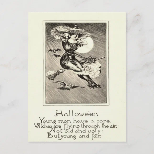 Monochrome Witch Flying Broom Owl Bat Full Moon Postcard | Zazzle