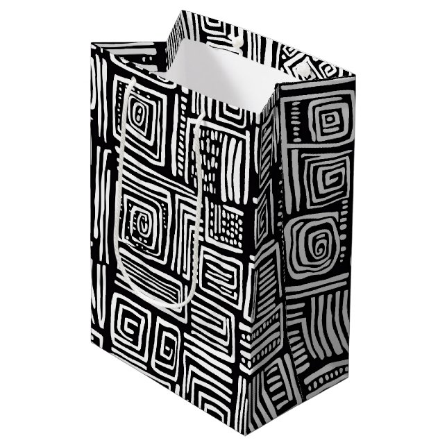 Monochrome Woven Line Black White Abstract Texture Medium Gift Bag (Front Angled)