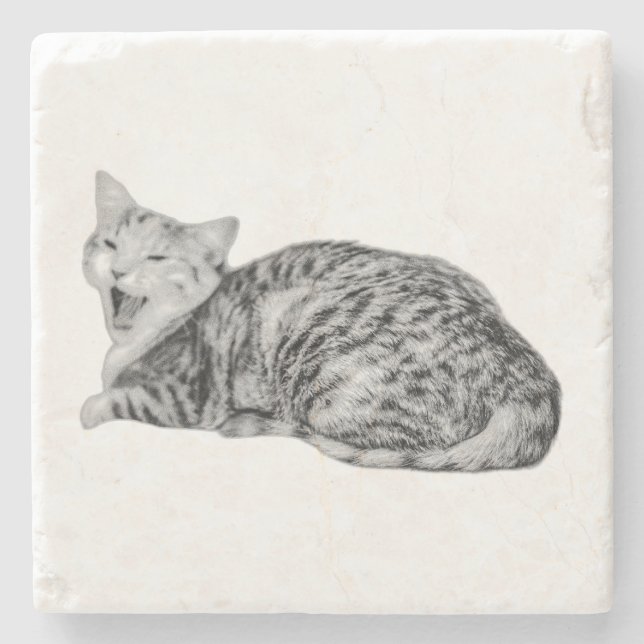 Monochrome Yawning Tabby Cat Coaster (Front)