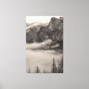 Monochrome Yosemite Mountain Landscape with Fog Canvas Print