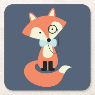 Monocle Hipster Red Fox Square Paper Coaster