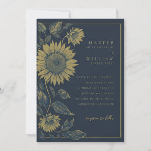 monocrhome Navy and Gold Sunflower wedding Invitation