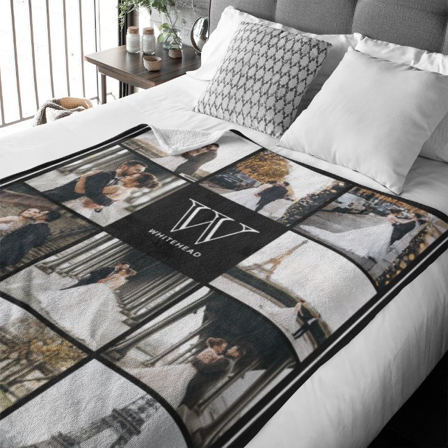 Monogram 11 Square Photo Border Black Fleece Blanket (This modern monogrammed blanket features 11 photos photo collage and a spot Monogram and name)