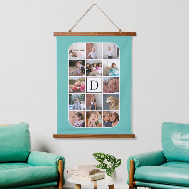 Monogram, 14 photo collage rounded corners teal hanging tapestry (Living Room)