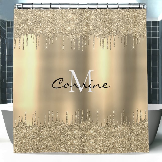 Monogram 14k Gold Dbl Dripping Glitter Metallic Shower Curtain (Creator Uploaded)