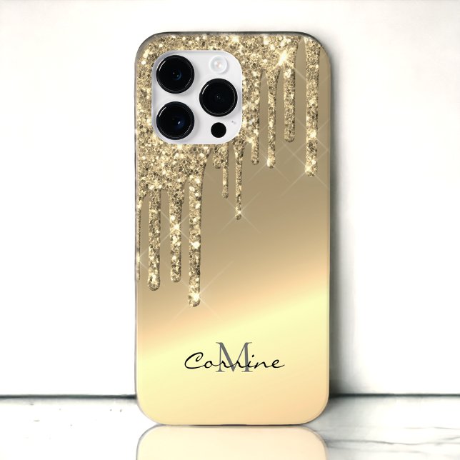 Monogram 14k Gold Side Dripping Glitter Android + iPhone Case (Creator Uploaded)