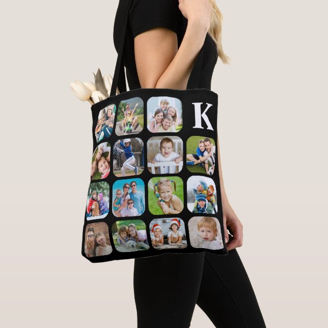 Monogram 15 Rounded Photo Collage Black Tote Bag (Close Up)