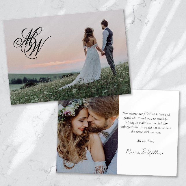 Monogram 2 Photo Calligraphy Wedding Thank You Card (Creator Uploaded)