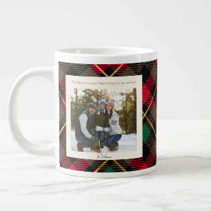 Monogram 2 Photo Rustic Green Red Plaid Christmas Large Coffee Mug