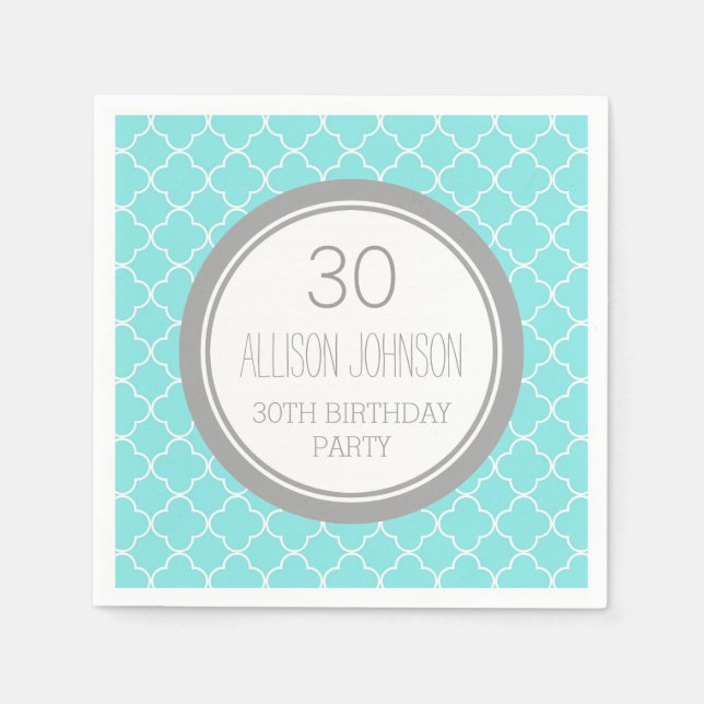Monogram 30th Birthday Napkin Aqua Quatrefoil (Front)