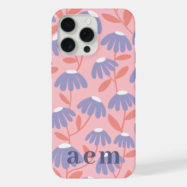 Monogram 3 Initials Pink & Blue Floral Pattern iPhone Case (Back)