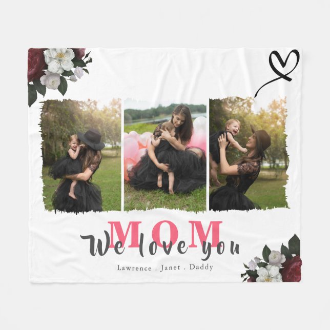 Monogram 3 Photo Collage Mother Family or Wedding  Fleece Blanket (Front (Horizontal))