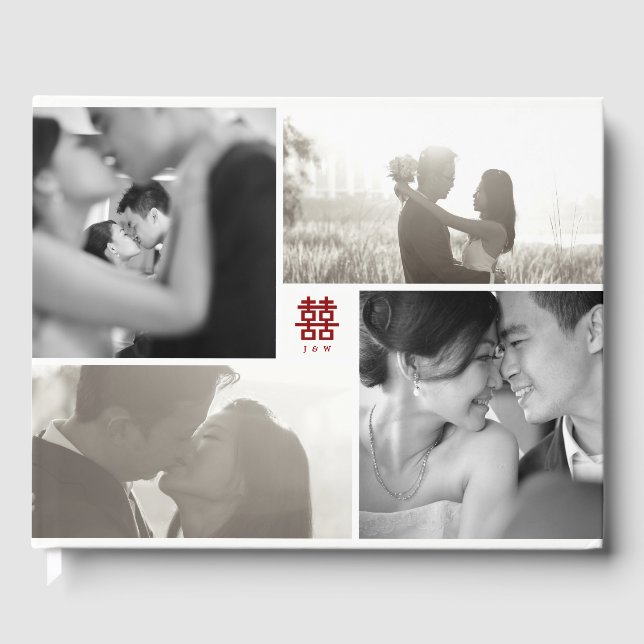 Monogram 4 Photo Collage Modern Chinese Wedding Guest Book (Front)