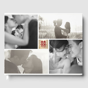 Monogram 4 Photo Collage Modern Chinese Wedding Guest Book