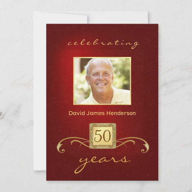 Monogram 50th Birthday Party Red & Gold Invitation (Front)