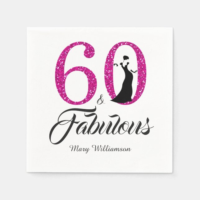 Monogram 60 Fabulous Pink Glitter 60th Birthday Napkin (Front)