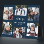 Monogram 6 photo collage family name rustic navy plaque<br><div class="desc">A collage of six photos surrounds a simple initial and rustic branches along with a name and year. Makes a great keepsake gift. Feature highlights of your year,  the best from your family photo shoot,  grandkid images,  wedding photos and more on this navy blue display.</div>