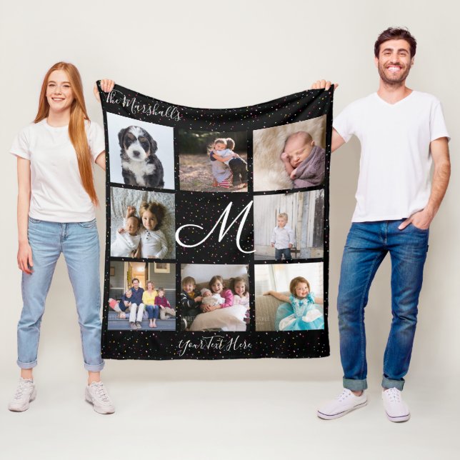Monogram 8 Photo Collage Colourful Confetti Black Fleece Blanket (In Situ)
